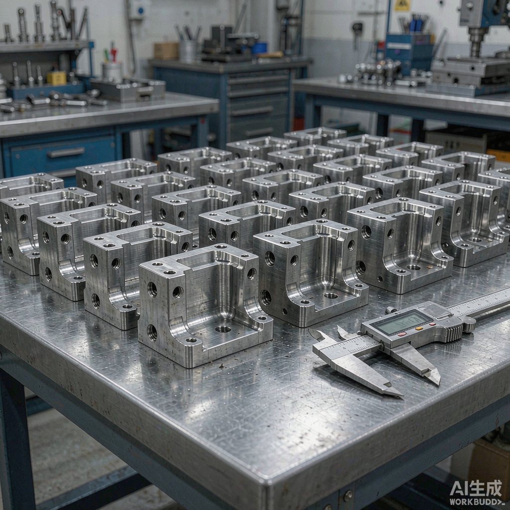 Batch of identical CNC-milled aluminium parts produced on a vertical machining center