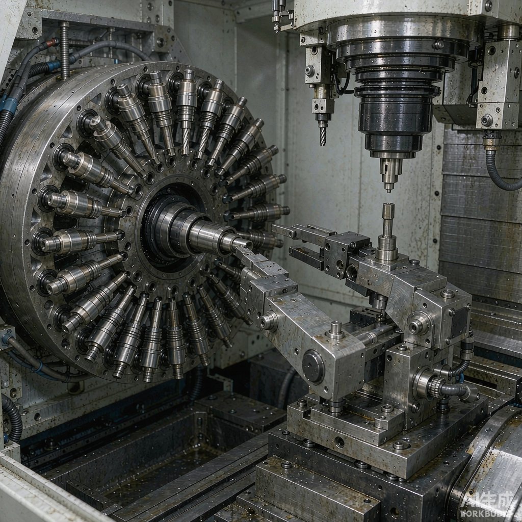 Arm-type automatic tool changer with 24-tool magazine on a vertical machining center